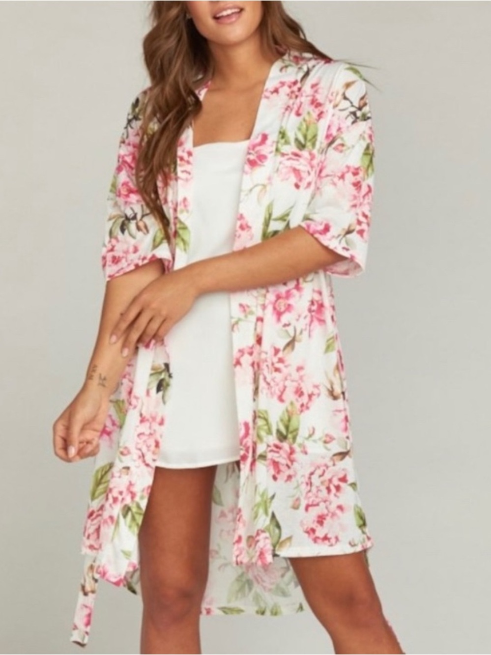 Show Me Your Mumu Bright Floral Pink and White Butterfly Sleeve Brie Robe